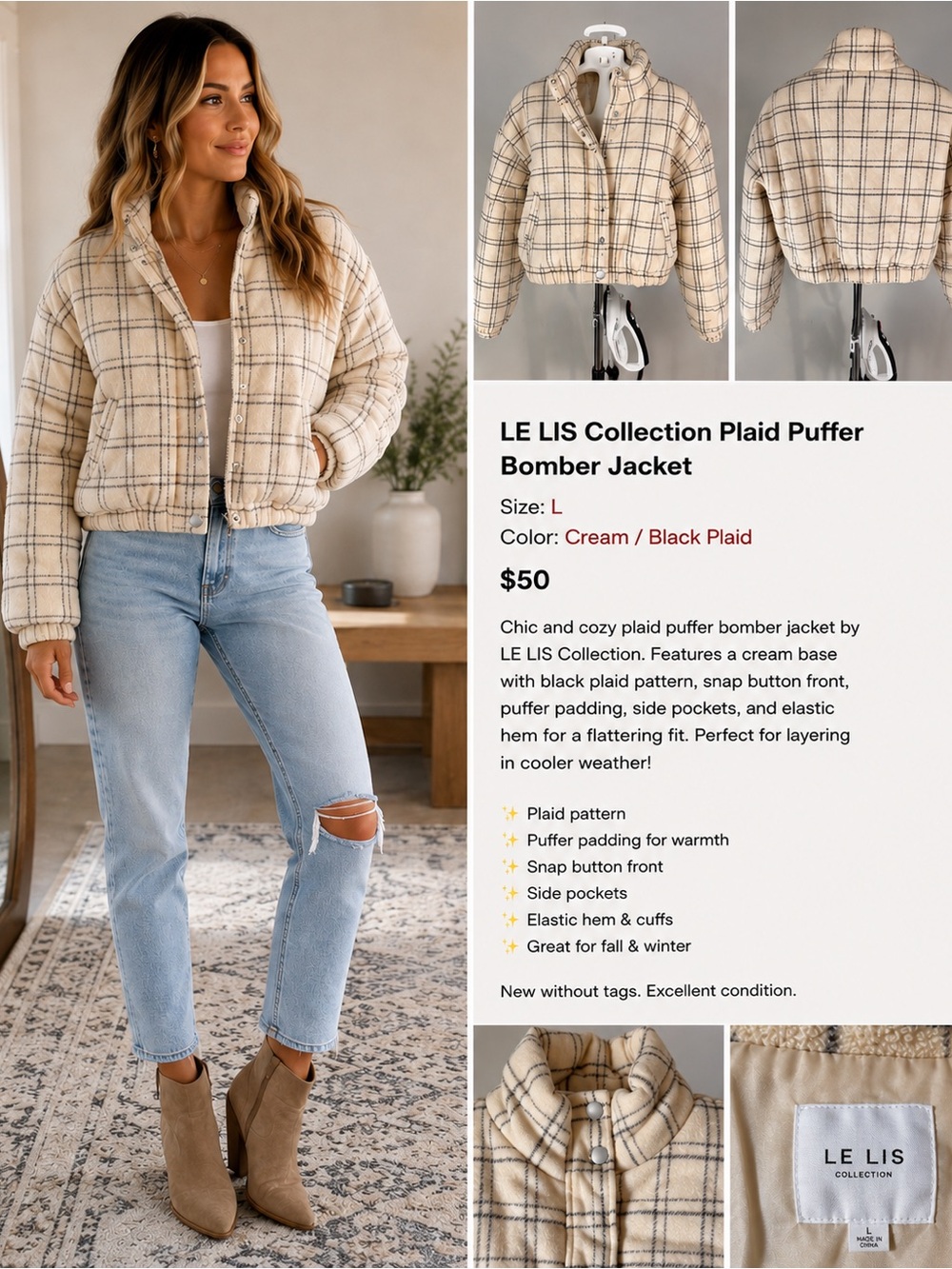 Le Lis Cream Plaid Cropped Puffer Jacket